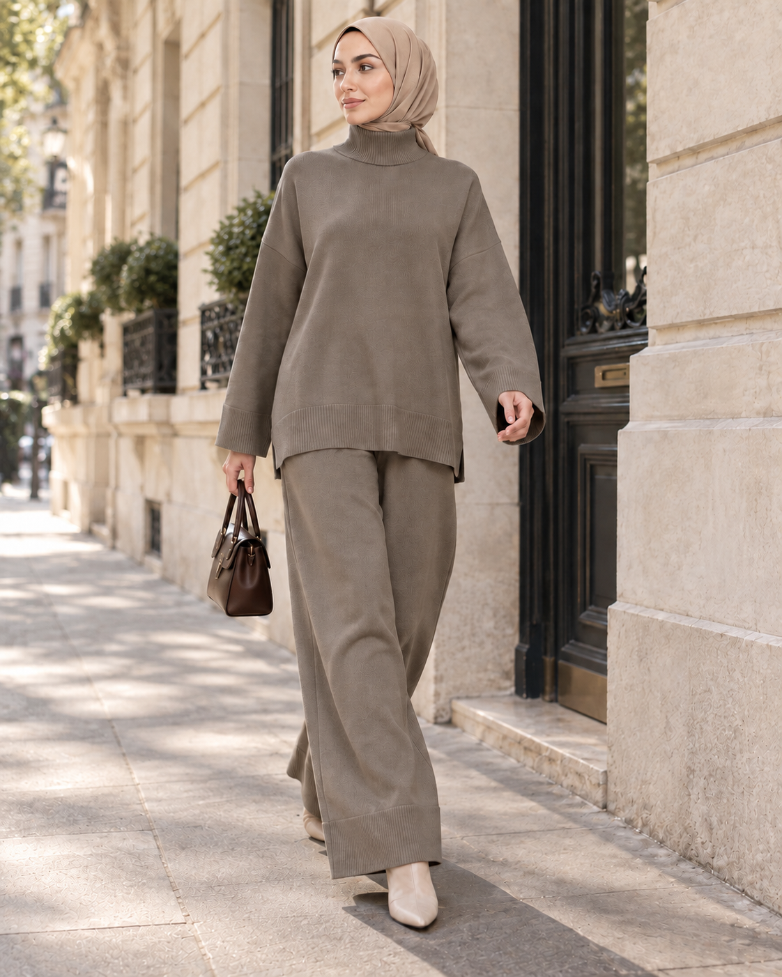 Ensemble maille et pantalon large taupe — vue 3/4