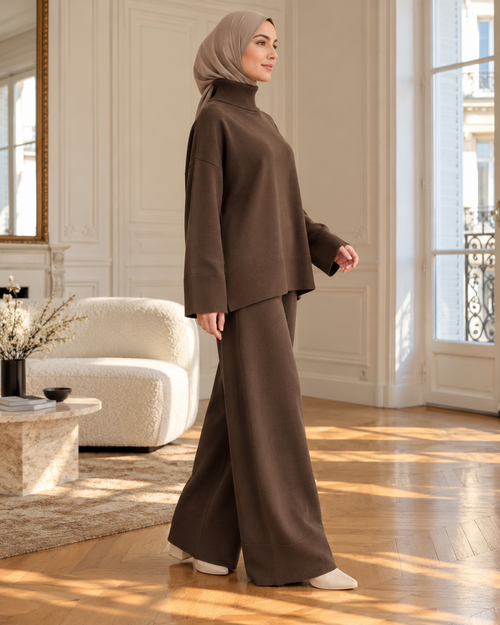 Ensemble maille et pantalon large Coffee — vue 3/4
