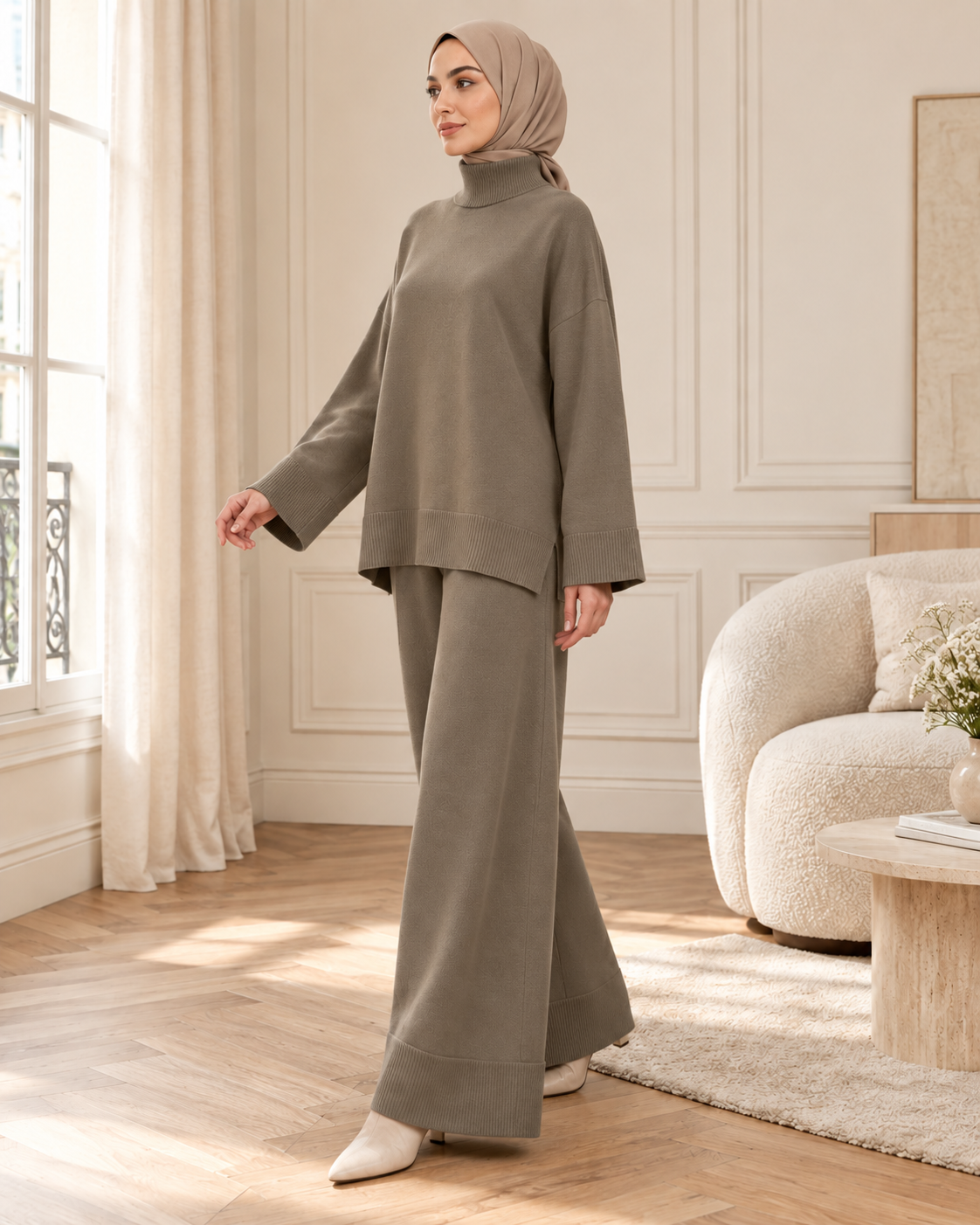 Ensemble maille et pantalon large taupe — vue de profil 3/4
