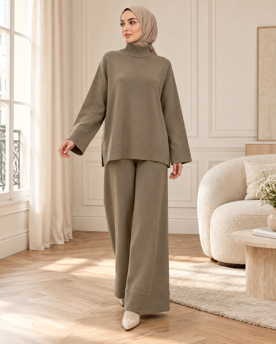 Ensemble maille et pantalon large taupe — porté en mouvement à Paris